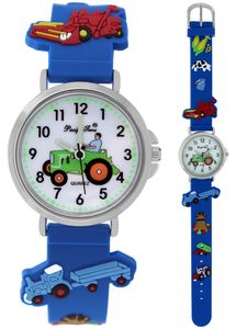 Pacific Time Kinder Armbanduhr Jungen Trecker Traktor Bauernhof 3D Silikonarmband blau 21322