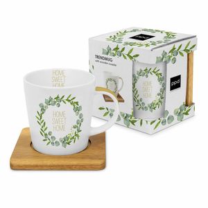 PPD Home Sweet Home Trend Mug Nature, mit Holzuntersetzer, Tasse, Teetasse, Kaffee Becher, 350 ml, 604298