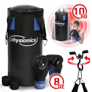Physionics® Kinder Boxsack-Set - 9kg, 10kg, 13kg, Gefüllt, mit Boxhandschuhen und Boxbandagen - Punching Bag, Sandsack für Kickboxen, MMA