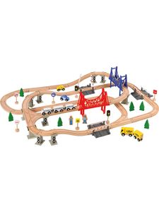 myToys ORIGINALS Holzeisenbahn-Spielset, 84-tlg. Viele verschiedene Schienenelemente, Lok mit Waggons + Zubehörteile wie Verkehrszeichen, Bahnübergänge mit klappbaren Schranken und Figuren und Bäume, MiniaturEisenbahn