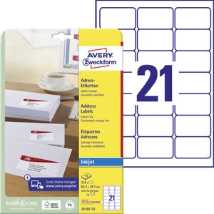 Avery Zweckform J8160-10 Adress-Etiketten, A4, 63,5 x 38,1 mm, 10 Bogen/210 Etiketten, weiß