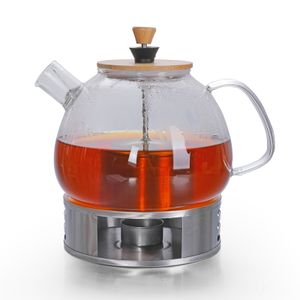 Skleněná konvice o objemu 1,5 l s nerezovým ohřívačem čaje, skleněná konvice s integrovaným nerezovým sítkem a bambusovým víčkem, ideální pro přípravu ochuceného čaje, bez odkapávání