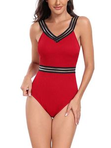 Damen Badeanzüge Bauchweg V-Ausschnitt Beachwear Push Up Bademode One Piece Swimsuits Rot,Größe L