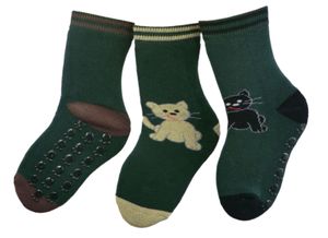 ABS Antirutschsocken für Babys & Kinder - Socken Für jungen & Mädchen - Kätzchen, Farben alle:Dreierpack dunkelgrün, Größe:19/22 bzw. 86/92