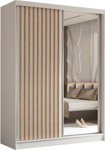 BEAUTYSOFA Schrank mit Lamellen HELIX 160cm - Kleiderschrank im modernes Stil Garderobe mit Schwebetüren & Spiegel (Weiß + Artisan)