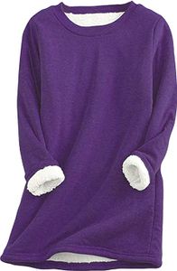ASKSA Women's Long Sleeve Thick Fleece Shirt Lamb Cashmere Warm Pullover Sweatshirt Oversize Top, Violett, 2XL