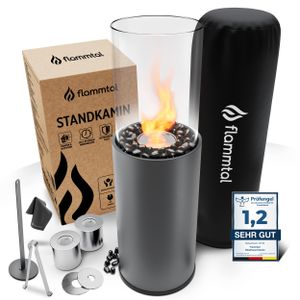 Flammtal Bioethanol Kamin [8h Brenndauer / 80x26x26 cm] - Freistehender Ethanol Standkamin für Out- & Indoor - Ethanol Kamin mit verstellbarer Flamme