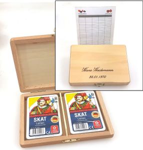 Skat Box Leinen Premium Holzkassette mit individueller Gravur, 2 Skat Kartenspielen, Geschenk - Idee
