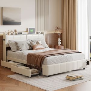 Fortuna Lai łóżko tapicerowane 160x200cm z USB, łóżko młodzieżowe podwójne z 4 szufladami, łóżko do przechowywania łóżko z litego drewna z LED i stelażem z listew, PU, białe