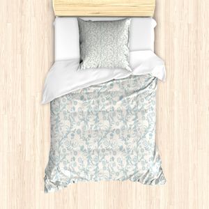 ABAKUHAUS Blumenweinlese Bettbezug Set für Einzelbetten, Vintage Feminine, Milbensicher Allergiker geeignet mit Kissenbezug, 135 cm x 200 cm - 80 x 80 cm, Pale Blue Grey Eggshell