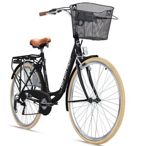 Bergsteiger Paris 28 Zoll Damenfahrrad, ab 160 cm, Korb, Fahrrad-Licht, Shimano 6 Gang-Schaltung, Damen-Citybike, Damenrad im Retro-Design