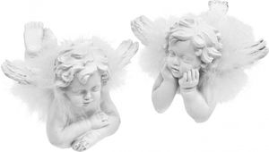 Weihnachtsengel Dekofiguren 2er-Set, Engel mit Federflügeln, Weiß, Liegend, Festliche Tischdeko, Advent & Trauerfloristik, Polyresin, H8/8,5cm L14/12,5cm