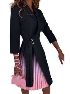 Damen Blazer mit Gürtel Midi Kleider Casual Kleid 3/10 Lange Ärmel Longblazer Mantel Farbe:Blackpie -Pulverkrawattenfarbstoff,Größe L