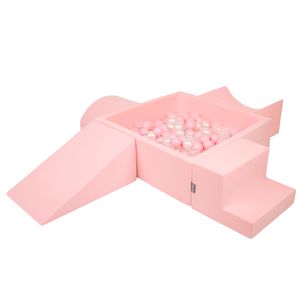 KiddyMoon spielplatz aus schaumstoff mit quadrat bällebad (300 bälle) ballgruben für babys spielbad hindernisläufen, hergestellt in der eu, pink:puderrosa/perle/transparent