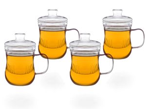 tea4chill Teetassen mit Sieb und Deckel, 4 Glastassen je 400ml, geschwungen, Borosilikatglas