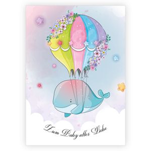 4x Baby Glückwunschkarte zur Geburt mit niedlichem Aquarell-Wal im Heißluft-Ballon