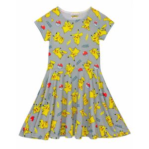 Pokemon - Šaty s rozšírenou sukňou pre dievčatá s krátkym rukávom NS7489 (128) (Sivá)