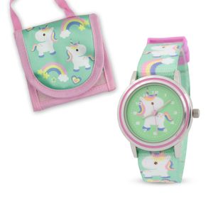 Kinderarmbanduhr mit Brustbeutel Textilarmband Einhornmotiv für Mädchen Einschulung