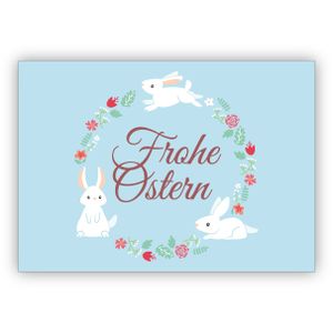 Niedliche klassische Osterkarte mit schönem Blüten Kranz und Osterhasen: Frohe Ostern