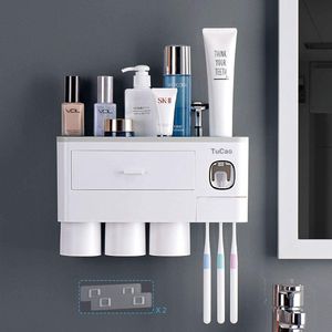 Automatischer Zahnpastaspender mit Zahnbürstenhalter an der Wand, 3 Magnetbechern und Kosmetik-Organizer-Schublade