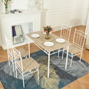 DORAFAIR Set stolu a 4 židlí, jídelní stůl a židle z bukového dřeva, bílé kovové nohy
