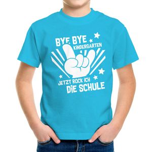 Kinder T-Shirt Jungen Bye Bye Kindergarten Abschied Geschenk zur Einschulung Schulanfang Moonworks® türkis 110-116 (5-6 Jahre)