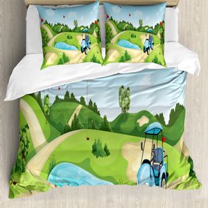 ABAKUHAUS Golfplatz-Szene Bettbezug Set für Einzelbetten, Hills Autofahnen, Milbensicher Allergiker geeignet mit Kissenbezug, 155 cm x 220 cm - 80 x 80 cm, Apfelgrün Multicolor