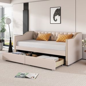 Merax Tagesbett 90x200cm Schlafsofa mit 2 herausnehmbaren Schubladen, Daybed Sofabett Polsterbett Kinderbett aus Leinen, Beige