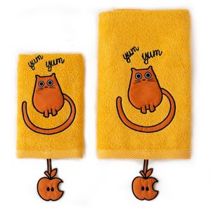 Milk&Moo Tombish Cat Kinder Handtuch Set, 100% Baumwolle, kuschelig weich, extrem saugfähig und verblassen fest, 1 Badetuch und 1 Waschlappen, 2er Set, orange, ab 0 Monate