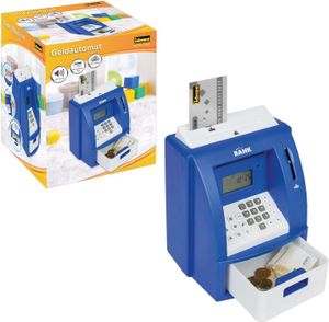 Idena 50060 - Digitale Spardose für Kinder mit Sound, Geldautomat in Blau und Weiß mit kleinem Display, Münzzähler und einer PIN geschützten Kreditkarte