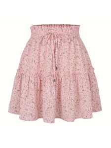 Damen Faltenröcke Sommer Rüschen Miniröcke Boho A-Linie Röcke Blumen Rock Rosa,Größe XL