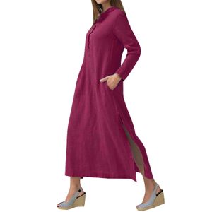 Frauen Casual Long Dress Long Sleeves Seitentaschen Schlitz Vintage Maxi Robe Maxikleid Burgund L