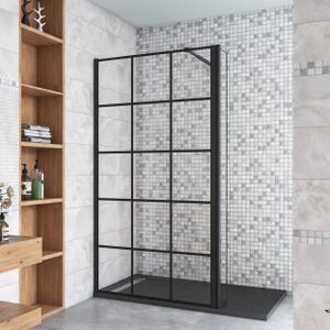 Schwarz Walkin Duschkabine 120x200cm Gittermuster Duschwand mit 30x200cm Flipper Panel +73-120cm Stabilisator 8mm Nano-ESG Duschtrennwand