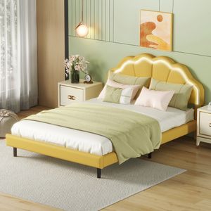 Flieks čalouněná postel 140x200 cm s roštem, postel pro mládež, dětská postel s čelem ve tvaru okvětního lístku, manželská postel klasická, žlutá, PU