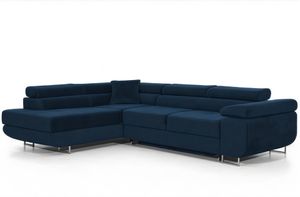 Narożnik z funkcją spania PASTI w kształcie litery L, sofa rozkładana z pojemnikiem na pościel, narożnik, sofa rozkładana, sofa z funkcją spania niebieska otomana lewa