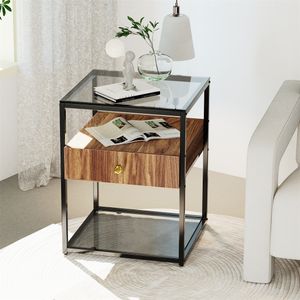 WISFOR Nachttisch mit Schublade, Nachtschrank mit 3 Ablagen, Sofatisch Glastisch Beistelltisch Vintage mit Metallgestell