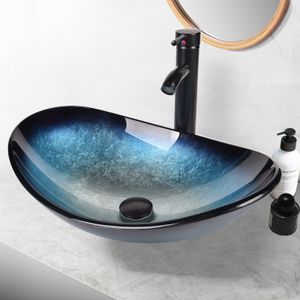 Puluomis Waschbecken Glas Aufsatzwaschbecken Waschschale Oval mit Wasserhahn Ablaufgarnitur Schwarz Blau