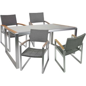 Tischgruppe, Aluminium, geflechtet, Glas, klar, Höhe 84 cm