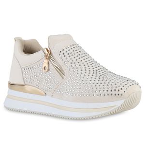 VAN HILL Damen Plateau Sneaker Strass Zipper Profil-Sohle Schuhe 841130, Farbe: Beige, Größe: 38