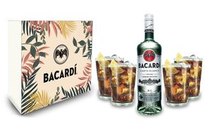 Bacardi Geschenkset - Bacardi Carta Blanca Rum 0,7l 700ml (37,5% Vol) + 4er Set Gläser - Longdrink Glas- [Enthält Sulfite]