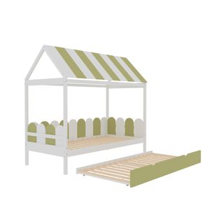 Zerbaco Kinderbett 90x190cm，mit Dach，Rückenlehne und Ausziehbett，Grün