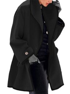 Damen Wollmantel mit Knopfleiste Kragenkragen Oberteil Solid Trenchcoat Mantel,Farbe: Schwarz,Größe:5XL