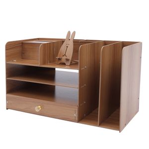 4 Schichten Schreibtisch Organizer Holz mit Schubladen Stifthalter Handyhalter 48x23x28cm A4 Briefablage (braun) für Büro Kinderzimmer Arbeitszimmer