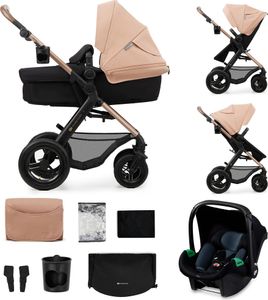 Wózek dziecięcy Kinderkraft MOOV 2 AIR 3 w 1 - pompowane koła - siedzisko 2 w 1 - w zestawie MINK PRO i-Size - do 27 kg - daszek UPF50+ - beżowy