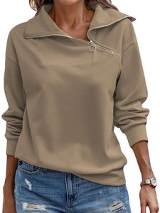 Damen Baggy Sweatshirts Herbst Reißverschluss Sweatshirt Freizeit Langarmpullover,Farbe:Kamel,Größe:L
