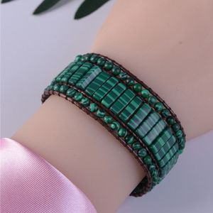 Boho Damen-Armband aus Kunstleder, mehrschichtig, Malachit-Perlen, Blumen-Armband, Schmuck