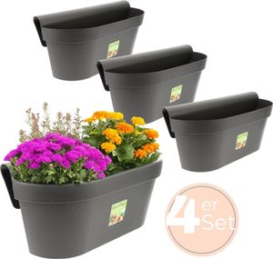 4x Geländerkasten Balkon mit Wasserspeicher Blumentopf Zaun Blumenkasten Geländer Balkontopf Balkonkasten Anthrazit