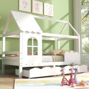 Flieks Detská postieľka 90x200cm, posteľ s ochranou proti vypadnutiu, lamelovým rámom a 2 zásuvkami, posteľ pre mladých z borovicového dreva, biela