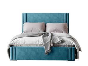 FURMEB24 - LONDON 120 x 200 cm - Postel Boxspring s podnožkou včetně matrace Belluci Classic - Čalouněná postel s dřevěným rámem - Manželská postel s vysokým podhlavníkem - Čalouněná - Magic Velvet - Modrá barva