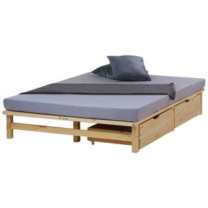 Homestyle4u 2286, Paletová posteľ 140x200 cm s 2 zásuvkami Lamelový rošt Posteľ z masívu Paletový nábytok posteľ Drevená posteľ